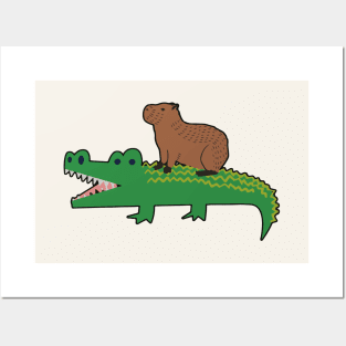 Funny Capybara Riding a Crocodile Posters and Art